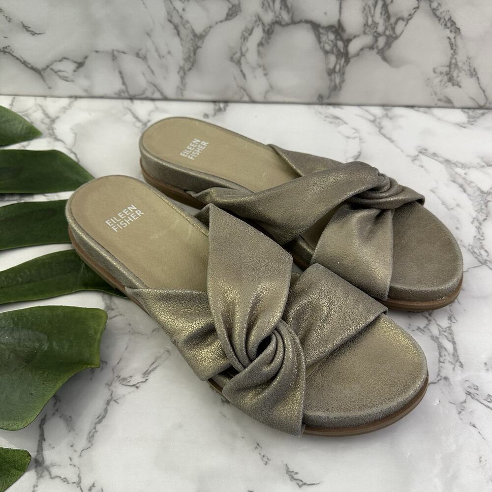 Eileen Fisher Womens Slip On Sandals Size 8 New Gold Metallic Leather Flat